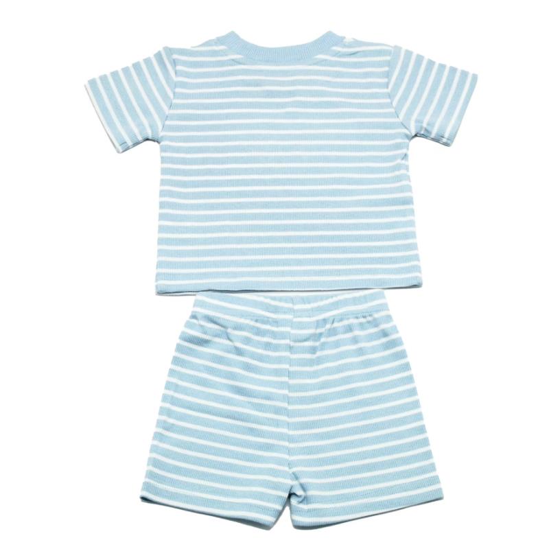Blue striped short-sleeve shirt and shorts set for boys, featuring a Disney Mickey design.