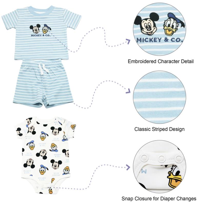 Three-piece set for boys featuring a striped shirt and shorts with an embroidered Mickey & Co. design, plus a playful bodysuit.