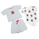 Three-piece baby outfit set featuring a gray striped short-sleeve shirt with a Spider-Man logo, red shorts, and a white bodysuit with Spider-Man graphics.