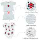Three-piece baby outfit set featuring a red Spider-Man bodysuit, striped shorts, and shirt with embroidered character detail.