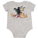 Light grey bodysuit featuring a graphic of Mickey Mouse and Pluto embracing each other.