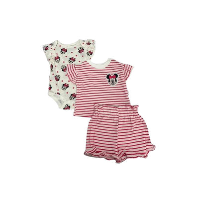 Three-piece set featuring a short-sleeve bodysuit with Minnie Mouse print, a striped shirt, and matching shorts.