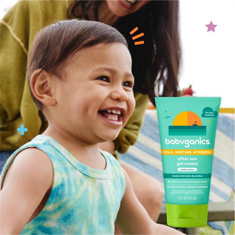 Babyganics After Sun Gel Cream in Mellow Melon, 5 oz, displayed alongside a smiling child, highlighting its soothing properties.