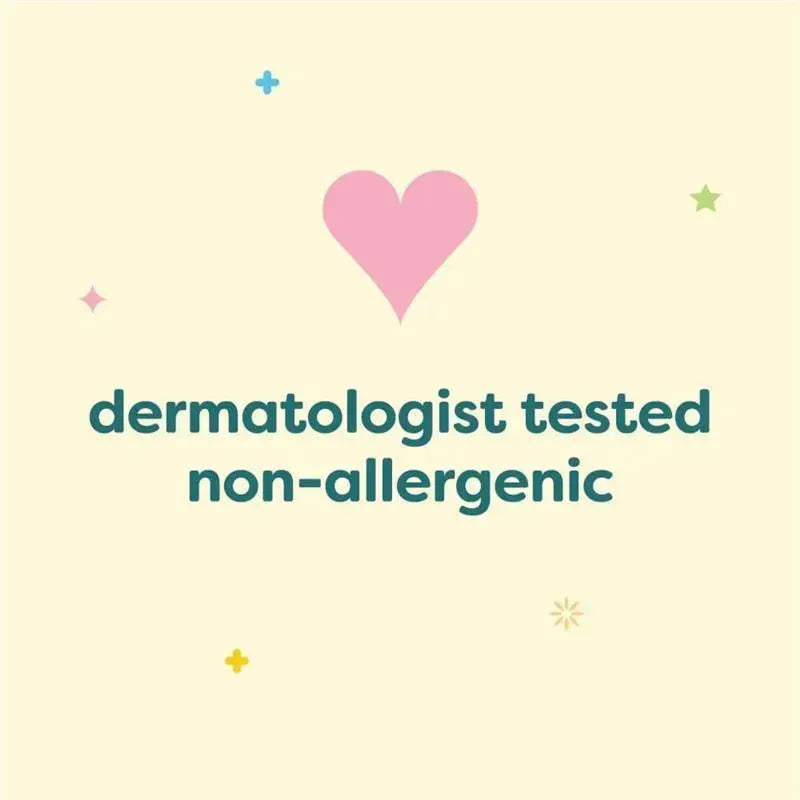 Dermatologist tested, non-allergenic label with a pink heart and colorful decorative stars on a light background.