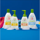 Babyganics Bubble Bath Chamomile Verbena, 20 oz, alongside other Babyganics bath products, on a blue background with bubbles.