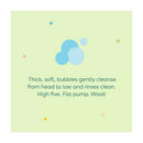 Babyganics Bubble Bath Chamomile Verbena description highlighting cleansing bubbles with playful text on a light green background.