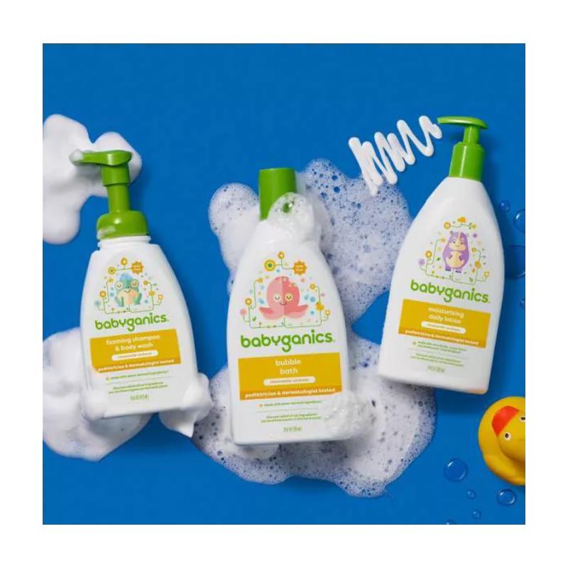 Babyganics Bubble Bath Chamomile Verbena, 9 Oz, alongside foaming shampoo and moisturizing lotion, set against a blue background with bubbles.
