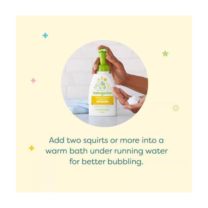 Babyganics Bubble Bath Chamomile Verbena, 9 Oz bottle held with one hand, instructions for use displayed below.