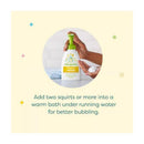 Babyganics Bubble Bath Chamomile Verbena, 9 Oz bottle held with one hand, instructions for use displayed below.