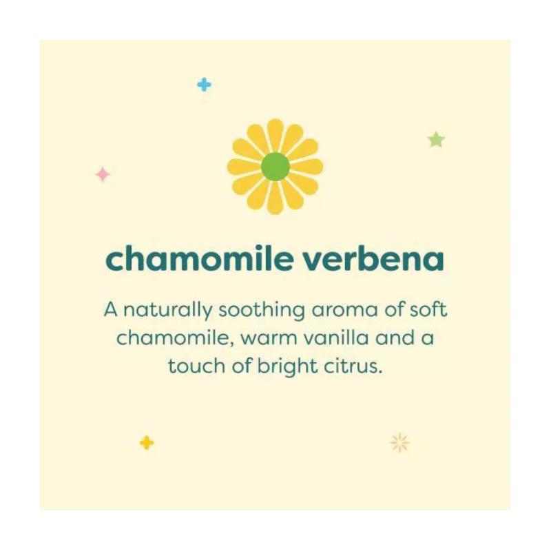 Babyganics Bubble Bath Chamomile Verbena product description with floral graphic; soothing aroma of chamomile, vanilla, and citrus.