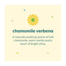 Babyganics Bubble Bath Chamomile Verbena product description with floral graphic; soothing aroma of chamomile, vanilla, and citrus.