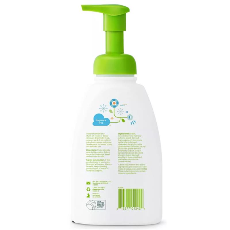 Babyganics Foaming Dish + Bottle Soap, 16oz, fragrance-free bottle with green pump, featuring ingredient information and directions.