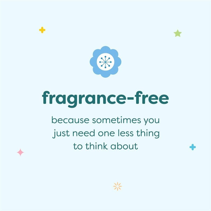 Fragrance-free product announcement emphasizing simplicity, featuring playful graphic elements and a light blue background.