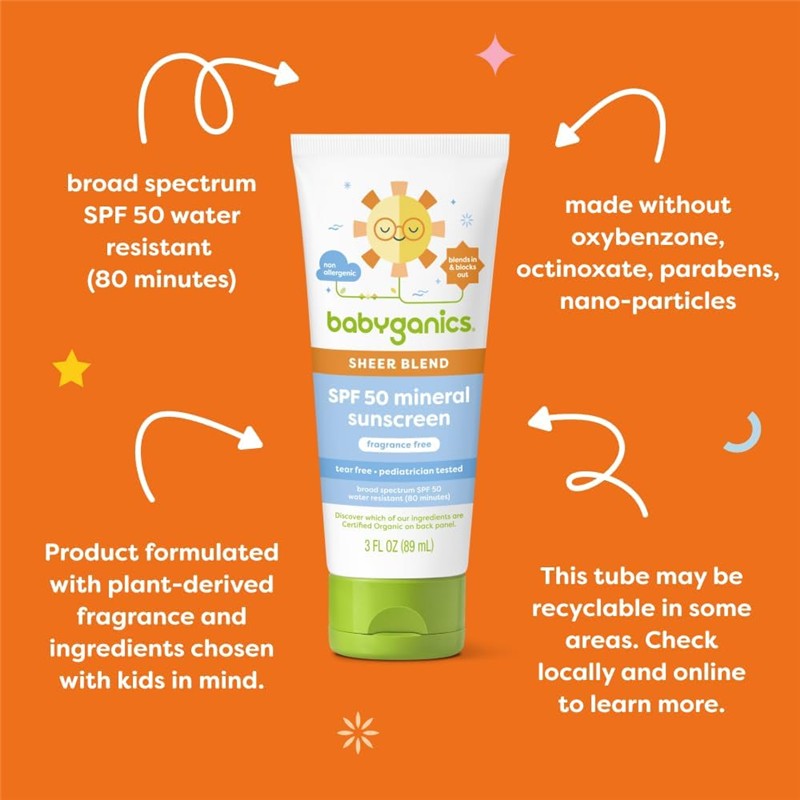 Babyganics Kids Mineral Sunscreen Lotion SPF 50, 3 fl oz, features a colorful tube with key benefits: broad spectrum protection, water resistance, and fragrance-free formula.