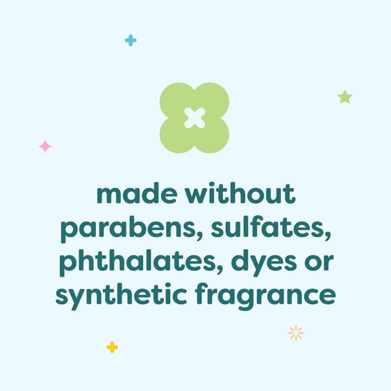 Made without parabens, sulfates, phthalates, dyes, or synthetic fragrance, in a light blue background.