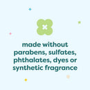 Made without parabens, sulfates, phthalates, dyes, or synthetic fragrance, in a light blue background.