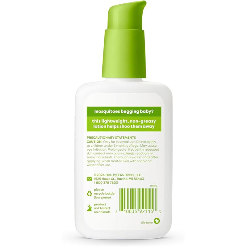 Babyganics Mosquito Repellent Lotion, 4oz, with a green pump top and text stating it helps keep mosquitoes away.