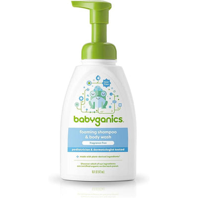 Babyganics foaming shampoo and body wash, 16 oz, fragrance-free with a pump top, features a tear-free formula and playful graphics.