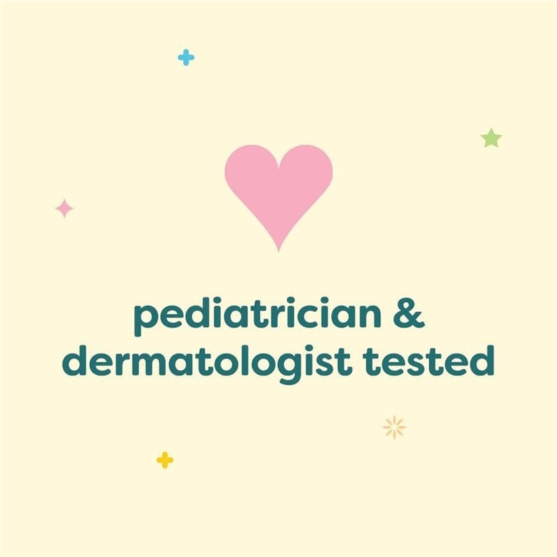 Pediatrician and dermatologist tested label with a pink heart and colorful stars on a light yellow background.