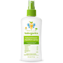 Babyganics natural insect repellent spray, 6 oz bottle, features essential oils to repel mosquitoes.