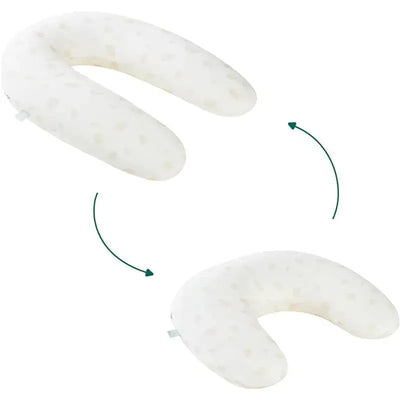Organic 2-in-1 pregnancy pillow and nursing cushion, curved design in soft white with a subtle pattern.
