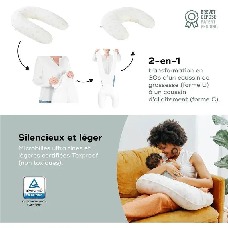 2-in-1 organic pregnancy and nursing pillow shown in two forms; woman nursing a baby while sitting on a couch.