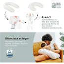 2-in-1 organic pregnancy and nursing pillow shown in two forms; woman nursing a baby while sitting on a couch.