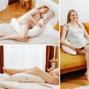 Organic 2-in-1 pregnancy pillow and nursing cushion shown in use by a woman sleeping and sitting comfortably.