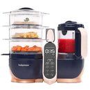Babymoov Duo Meal Station XL, a 6-in-1 food processor with steamer, blender, and control panel, featuring visible food ingredients.