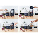 Babymoov Duo Meal Station XL food processor in action, featuring steaming, blending, and food preparation with vegetables.