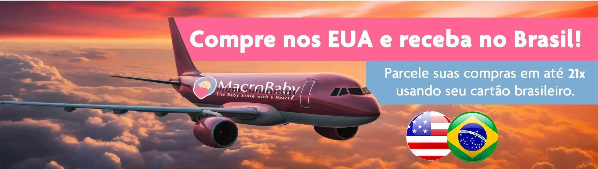 Banner showing an airplane flying above clouds with Portuguese text about U.S. purchases, delivery to Brazil, installment payments, and U.S. and Brazilian flags.