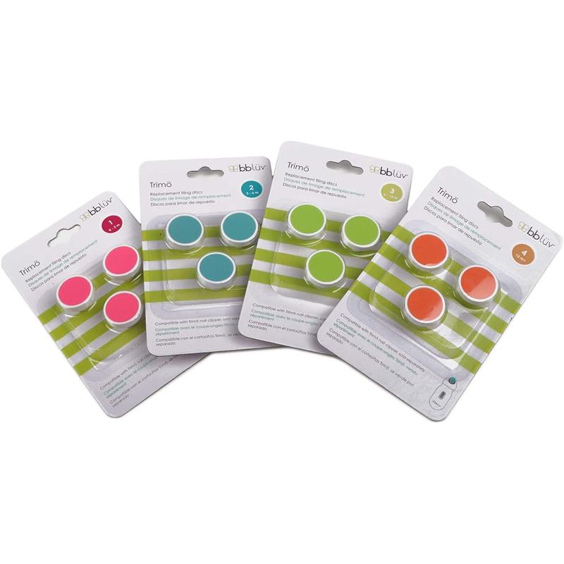 Bbluv Trimo replacement filing discs in orange, green, blue, and pink, suitable for children ages 12 months and up.