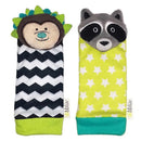 Soft fabric foot finders featuring a hedgehog and raccoon design, designed for sensory play and exploration for infants.