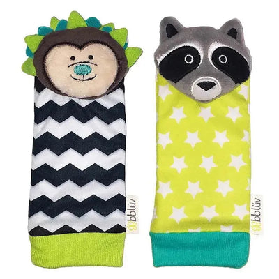 Soft fabric foot finders featuring a hedgehog and raccoon design, designed for sensory play and exploration for infants.