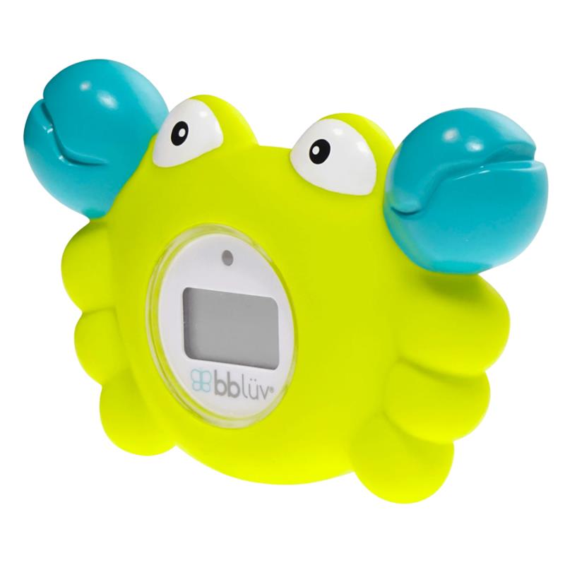 Bath thermometer shaped like a bright yellow crab with blue claws, featuring a digital display for temperature readings in °C and °F.