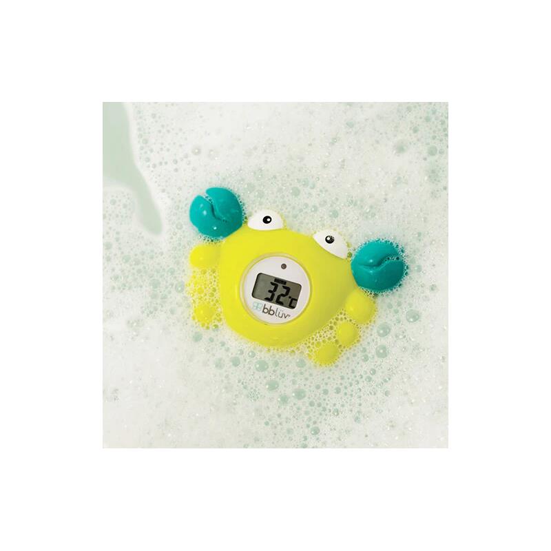 Bath thermometer shaped like a crab floating in bubbles, displaying a temperature of 32°C.
