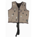 Tan swim vest with a water droplet design in gray, black, and white, featuring a secure front closure and adjustable strap.