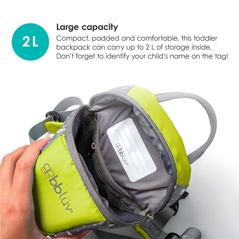Toddler backpack in lime green by Bbluv, featuring a padded compartment and a name tag for personalization.