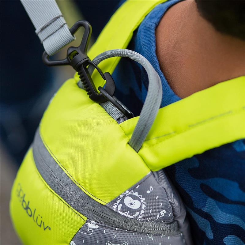 Toddler backpack by Bbluv in lime green, featuring a grey design with animal graphics and a safety rein attachment.