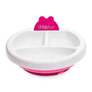 Warm feeding plate by bblüv in pink and white, featuring three compartments and a bear-shaped back tab.