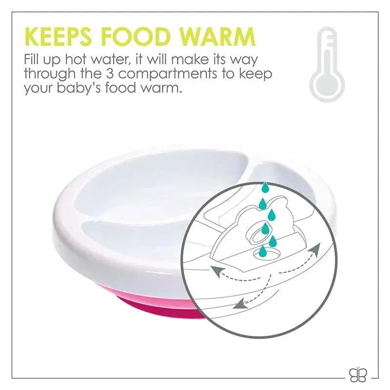 Warm feeding plate with pink base and three compartments, designed to keep baby food warm by circulating hot water.
