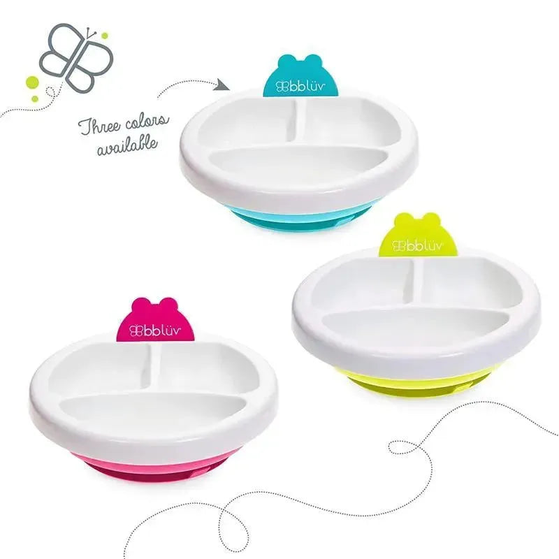 Pink Bbluv Platö Warm Feeding Plate with two compartments, displayed alongside similar plates in blue and green.