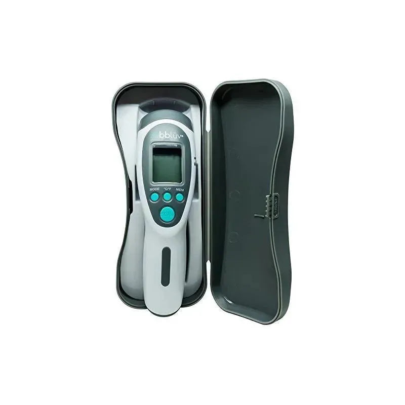 Bbluv Termo 4-in-1 Digital Thermometer displayed in a protective case, featuring a digital screen and control buttons.