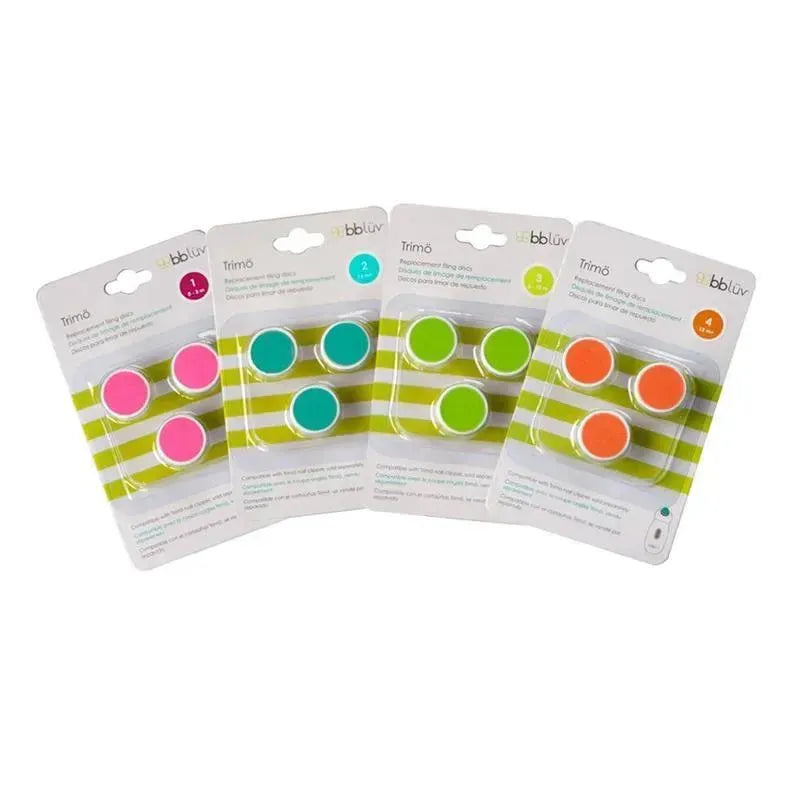 Bbluv Trimo replacement filing discs, Stage 1 for ages 0-3M, featuring pink, teal, green, and orange discs in packaging.