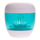 Portable UV sterilizer for pacifiers and nipples, featuring white and aqua design with a visible bblüv logo.