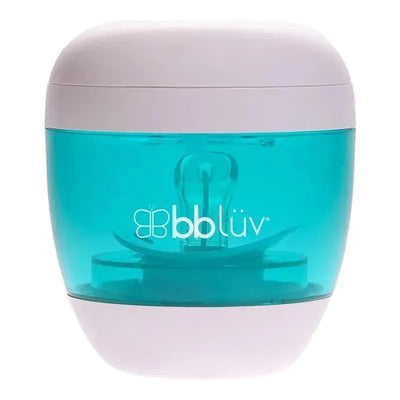 Portable UV sterilizer for pacifiers and nipples, featuring white and aqua design with a visible bblüv logo.