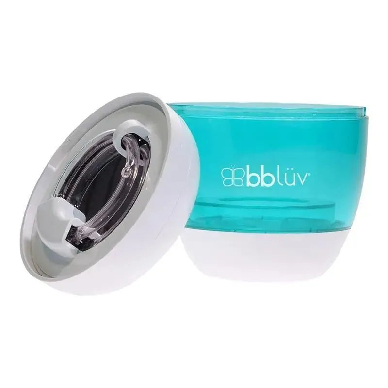 Portable UV sterilizer for pacifiers and nipples, featuring a white base and aqua lid with the bblüv logo.