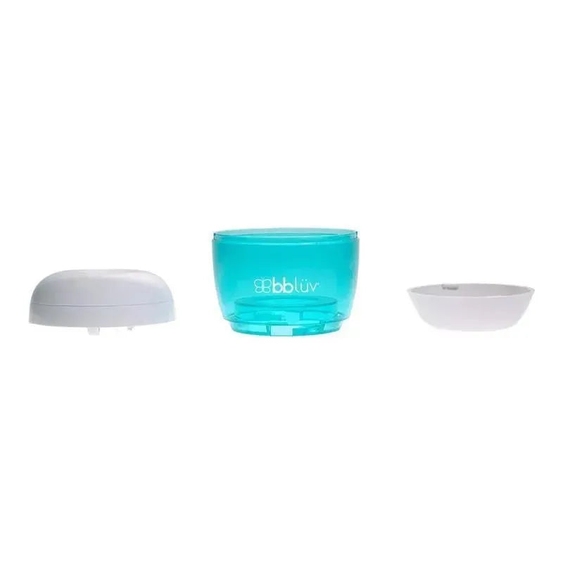 Bbluv Uvi 4-In-1 Portable Pacifier and Nipple UV Sterilizer, featuring a clear aqua container and white lid.
