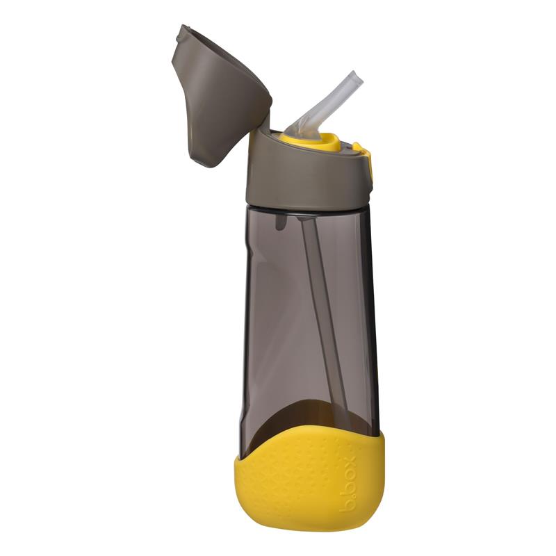 Water bottle with straw, 600ml capacity, featuring a grey lid, yellow bottom, and transparent body for visibility.
