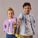 BBoox Batman-themed 600ml Tritan drink bottles held by a girl in a purple cardigan and a boy in a light blue shirt.